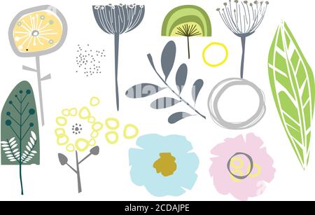 Moderna collezione astratta di arte scandinava a base floreale elementi floreali e astratti in stile retrò a pieghe vintage reminiscenza Foto Stock