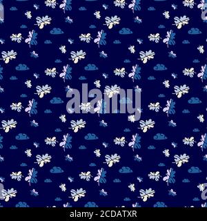 Ripetizioni senza giunture. Astratto modello autunnale con la natura. Foglie e nuvole decorative su sfondo blu. Arredamento e design autunnali, imballaggio Illustrazione Vettoriale