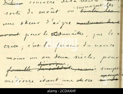 . La publication deses œuvres était un labeur. Il demandait quatreou cinq épreuves, voulait tout revoir. Les lettrescubliées par G. Guiches nous montrent sa crainteet nous laissent deviner limpatiation de léditeur,qui parfois, ne sut pas attendre. JE ne citerai quune de ces lettres : Mon cher M.. Voici les Bons à tirer : mais, au moment de tirer»il serait bon de me communiquer la tierce généraledu livre, simplicement pour vérifier (pas autre choose,je le jure) si les Corrections ont été faites. A moins quun homme sérieux et compréhensif sench Foto Stock