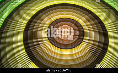 Onde in movimento di sfumature colorate che emergono dal centro del cerchio, create in 3D che mostra un modello d'onda di colori diversi con le loro sfumature Foto Stock