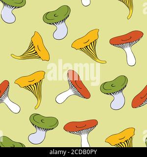Modello senza cuciture con funghi divertenti e simpatici. Illustrazione Vettoriale