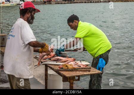 Due uomini di pesce per la pulizia in vendita nel mercato sulla Promenade Point-a-Pitre, Guadalupa. Stanno rimuovendo la bilancia con un bastone con una bottiglia di birra Foto Stock