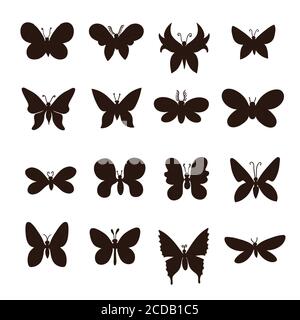 Grande set di silhouette di farfalle minimaliste in bianco e nero. Illustrazione Vettoriale