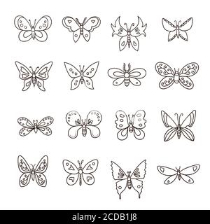 Grande set di linee art bianco e nero farfalle minimaliste. Illustrazione Vettoriale