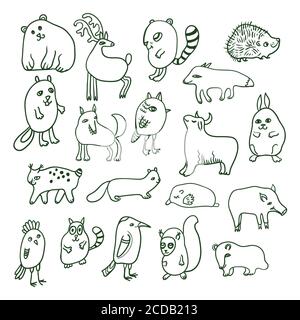 Grande set con simpatici animali doodle cartoni animati Illustrazione Vettoriale