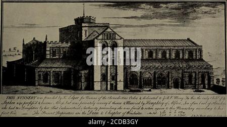 . Una storia dell'Hampshire e dell'Isola di Wight . LA VISTA E^IST NORD DI RVJHSEY TFVNNERX IN HAAIP SHIRE. Abbazia di Romsey : North-East View{from a drawing by S. EFF N. Buck, 1773) RE SOMBORNE CENTO ioto tardo o di inizio secolo, simile a thatof la chiesa di Deerhurst, in Gloucestershire, presbiterio withapsidal, transetti poco profondi fiancheggianti la torre centrale asleless, e navata. Questo ha evitato una navata sud, e forse una navata nord, all'inizio del 12 ° secolo o alla fine dell'Ilth, ed è possibile che quando Christina, la sorella di Edgar Atheling, ha preso il velo qui nel 1086 Foto Stock