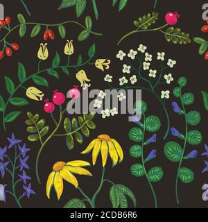 Modello retro senza cuciture con elementi floreali vintage. Illustrazione Vettoriale