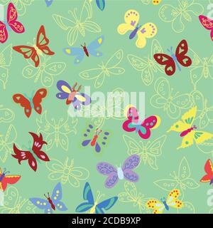 Motivo senza cuciture con farfalle minimaliste luminose e colorate. Illustrazione Vettoriale
