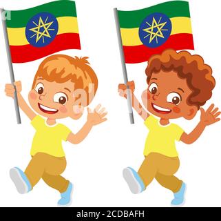 Bandiera dell'Etiopia in mano. Bambini con bandiera. Bandiera nazionale di Etiopia vettore Illustrazione Vettoriale