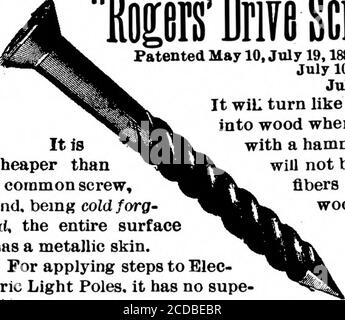 . Volume americano scientifico 70 numero 08 (febbraio 1894) . RUOTA OVERMAN CO. BOSTON. HEW YORK. FILADELFIA. CHICAGO. DETROIT. SAN FRANCISCO. OENVER. Prodotto FORZATO A COLO. Tors. Vite di guida. Brevettato maggio 10, luglio 19,1887; luglio 10,1888; luglio 19,1892. Esso WLL gira come una vite in legno quando azionato con un martello, e non romperà le fibre del legno. È una vite comune di thana più economica,e, essendo forgiato a freddo, l'intera superficie ha una pelle metallica. Per l'applicazione di passi a poli di luce Elec-tric, non ha supe-rior. ty Invia per campioni a VITE AMERICANA CO. PROVIDENCE, R. I. MOTORE AD ACQUA, 5 dollari. BOLCIAN Foto Stock