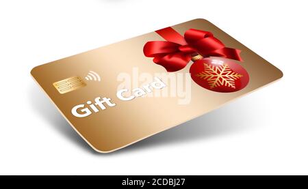 Una carta regalo d'oro di Natale è vista su uno sfondo bianco. Foto Stock