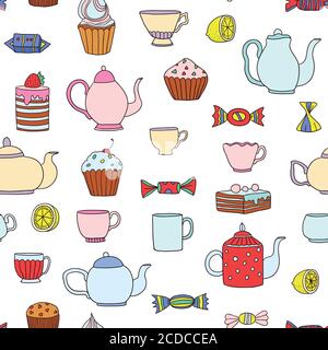 Simpatico motivo senza cuciture con elementi del tempo del tè Illustrazione Vettoriale