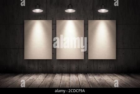 grande camera in cemento buio con poster, illuminata da lampade Foto Stock