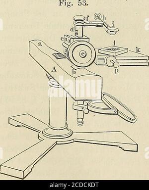 . Das mikroskop : gegenwärtiger und überein zustand desselben. Ten compendiöse, zeichnetsich aber durch die führen form aus, da es im ganzen noch nicht6 centimetro hoch ist, und man kann es bequem bei sich  ; zu Zer-srungen indessen ist es nicht end. dafür ist das Fig. 53 abge-bildete Mikroskop ausdrücklich Be-stimmt. Auf einem schweren Drei-fusse steht eine feste runde Messing-säule, womit die übrigen Theile desGestells verbunden sind. A ist einHolzkloben, der bei a und & etwasausgehöhlt ist, um die Arme aufzu-nehmen. In dem daran sitzendenvierseitigen Stücke Foto Stock