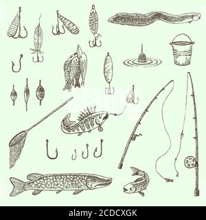 Set di inchiostri disegnati a mano di attrezzatura da pesca, gancio, stivali, verga Illustrazione Vettoriale