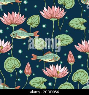Adorabile motivo senza cuciture con fiori di loto, boccioli e pesci Illustrazione Vettoriale