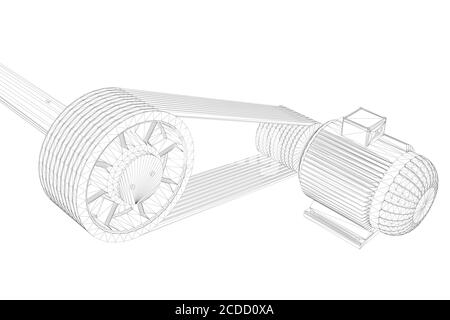 Telaio motore con cinghie. Il contorno di un motore elettrico da linee nere su sfondo bianco. 3D. Illustrazione vettoriale Illustrazione Vettoriale