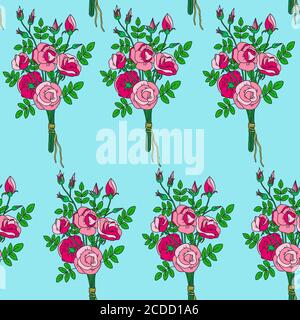 Motivo senza cuciture con simpatici bouquet di rose minimalisti disegnati a mano Illustrazione Vettoriale