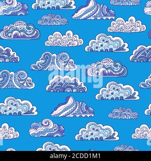 motivo senza cuciture con le nubi ornamentali doodle su sfondo blu Illustrazione Vettoriale