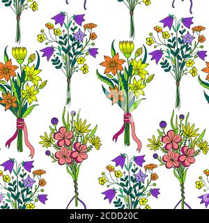 Motivo senza cuciture con simpatici bouquet floreali minimalisti disegnati a mano Illustrazione Vettoriale