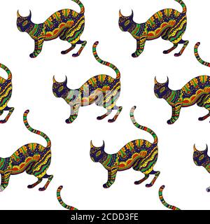 Modello senza cuciture con gatto psichedelico ornamentale, Illustrazione Vettoriale