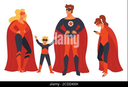 Super Hero famiglia di genitori e capretti vettore Illustrazione Vettoriale
