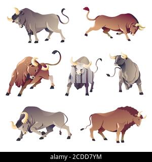Tori o bufali, animali selvatici aggressivi, corrida di bue Illustrazione Vettoriale