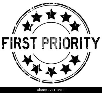 Grunge parola di prima priorità nera con icona a stella in gomma rotonda timbro di tenuta su sfondo bianco Illustrazione Vettoriale