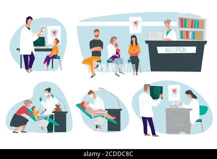 Ambulatori di stomatologia, ospedale di odontoiatria con doc e pazienti Illustrazione Vettoriale