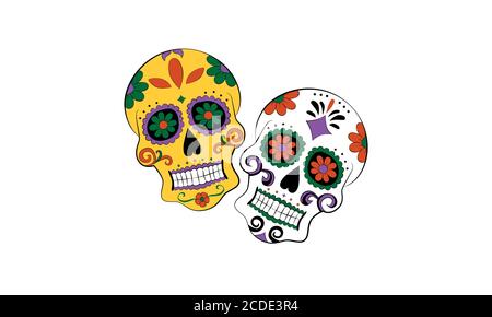 Vettore di due giorni di calaveras morti o teschi in giallo, arancione, verde, viola, nero e bianco e isolato sullo sfondo. Illustrazione Vettoriale