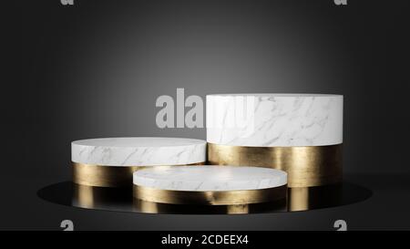 Podio in marmo bianco e oro su sfondo nero rendering 3d Foto Stock
