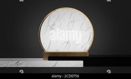 Podio oro con marmo bianco, oro e plastica nera forme geometriche rendering 3d Foto Stock