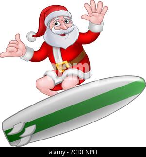 Santa Surfing Shaka mano Cartoon di Natale Illustrazione Vettoriale