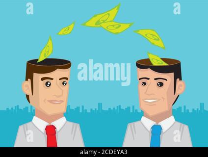 Illustrazione vettoriale delle banconote in dollari che scorrono dal capo di un uomo d'affari ad un altro uomo d'affari. Concetto per lo scambio di idee e collaborazioni aziendali Illustrazione Vettoriale