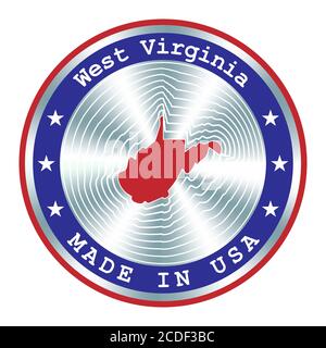 Made in West Virginia locale produzione segno, adesivo, sigillo, timbro. Segno rotondo di ologramma per il disegno dell'etichetta e il marketing nazionale degli Stati Uniti Illustrazione Vettoriale