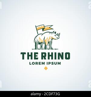 Simbolo vettoriale astratto Rhino, simbolo o modello logo. Rhinoceros Silhouette con un'icona di bandiera e la tipografia. Isolato Illustrazione Vettoriale