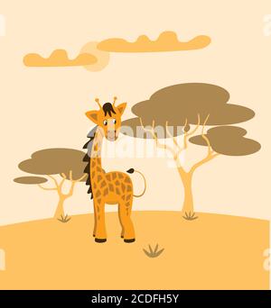 Giraffa cartoon sullo sfondo di un paesaggio desertico. Personaggio simpatico adorabile monocromatico giraffa per i bambini design. Colore giallo-arancio, chara animale Illustrazione Vettoriale