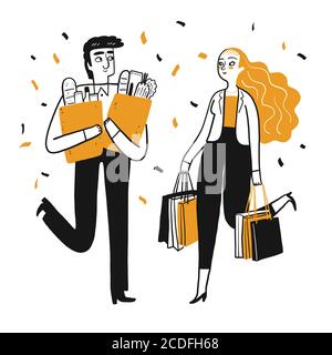 Il carattere di disegno della gente è shopping, illustrazione vettoriale in stile doodle di schizzo. Illustrazione Vettoriale