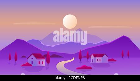 Alba o tramonto villaggio paesaggio illustrazione vettoriale. Cartoon pianeggiante paesaggio di campagna con sole e silhouette di montagna all'orizzonte, case con giardini. Sfondo naturale panoramico viola Illustrazione Vettoriale
