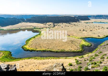 Sun Lakes - Dry Falls state Park, stato centrale di Washington, Stati Uniti. Dry Falls Lake è in primo piano e Perch Lake oltre. Foto Stock