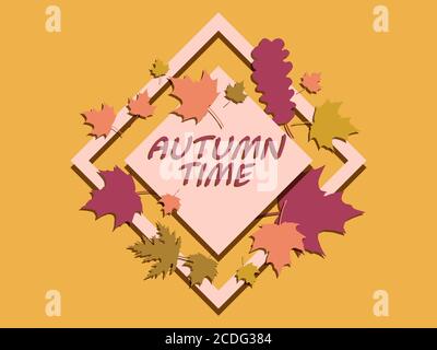 Periodo di autunno con foglie. Bordo vintage con foglie di quercia e acero in caduta giallastre. Progettare un modello per inviti, opuscoli e auto di saluto Illustrazione Vettoriale