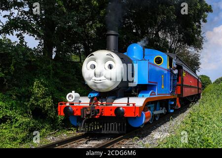 25 agosto 2020: La locomotiva a vapore Thomas the Tank Engine, restaurata del quartiere orientale di Brooklyn, n. 15, ritorna da un'escursione alla ferrovia Strasburg martedì 25 agosto 2020 a Ronks, Pennsylvania. Rich Barnes/CSM Foto Stock