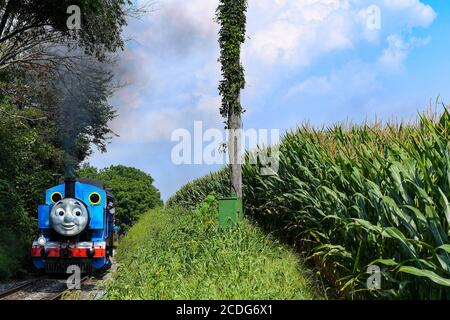 25 agosto 2020: La locomotiva a vapore Thomas the Tank Engine, restaurata del quartiere orientale di Brooklyn, n. 15, ritorna da un'escursione alla ferrovia Strasburg martedì 25 agosto 2020 a Ronks, Pennsylvania. Rich Barnes/CSM Foto Stock