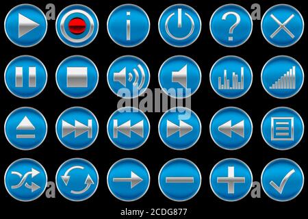 Icone o pulsanti del pannello di controllo rotondi di colore blu Foto Stock