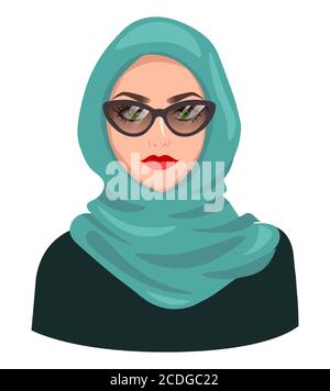 Avatar donna musulmana, isolato su bianco. Giovane ragazza araba che indossa hijab e occhiali da sole. Cartoon ritratto femminile, immagine vettoriale piatta Illustrazione Vettoriale