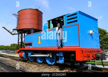 25 agosto 2020: La locomotiva a vapore Thomas the Tank Engine, restaurata del quartiere orientale di Brooklyn, n. 15, prepara un'escursione alla ferrovia Strasburg martedì 25 agosto 2020 a Ronks, Pennsylvania. Rich Barnes/CSM Foto Stock