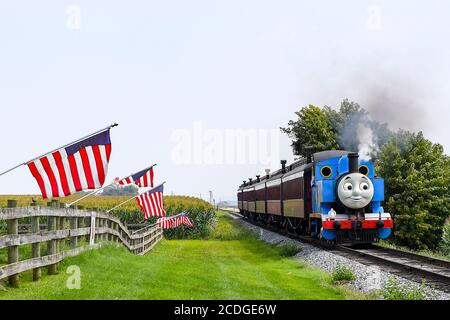 25 agosto 2020: La locomotiva a vapore Thomas the Tank Engine, restaurata del quartiere orientale di Brooklyn, n. 15, ritorna da un'escursione alla ferrovia Strasburg martedì 25 agosto 2020 a Ronks, Pennsylvania. Rich Barnes/CSM Foto Stock