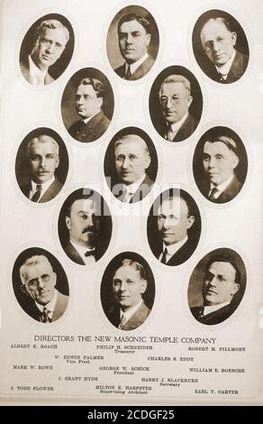 Greystone Hall - 1918 Illustrazione del libretto commemorativo prodotto all'apertura del nuovo tempio massonico ad Akron, Ohio, USA. Ritratti dei direttori della New Masonic Temple Company -Albert e Roach; Philip H Schneider (tesoriere); Robert M Pillmore; W Edward Palmer (Vice Presidente); Charles S Eddy; Mark W Roe; George W Schick (presidente) e William e Boesche Foto Stock