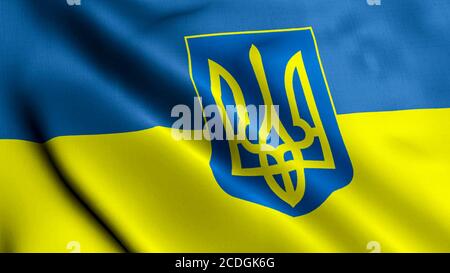 Bandiera satinata Ucraina. Tessuto ondulato trama della bandiera di Ucraina, Real Texture Flag. Flag realistico. Bandiera ondulata dell'Ucraina Foto Stock