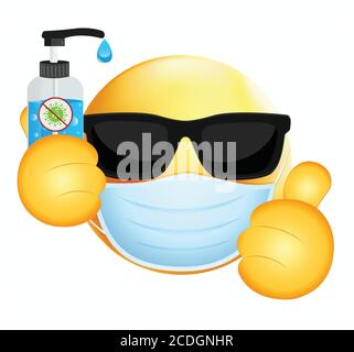 Emoji con occhiali da sole, pollici e maschera. Emoji giallo malato indossare occhiali da sole e maschera medica per proteggere da virus Vector.Medical maschera emoticon. Illustrazione Vettoriale